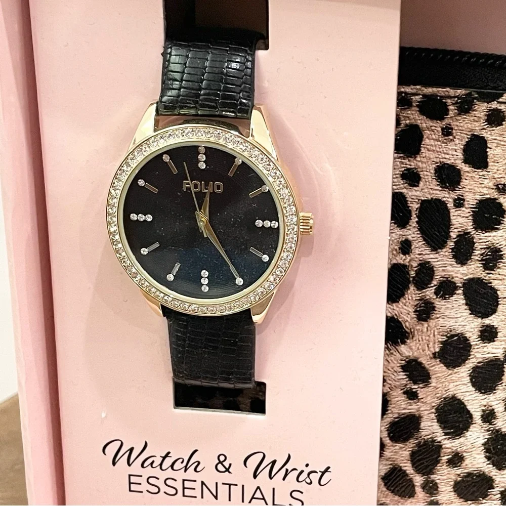 black and gold cheetah print watch and wrist essentials gift box set